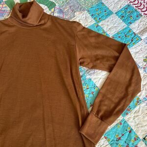 Vintage 60s Camel Brown Paper Thin Single Stitch Turtleneck Top M